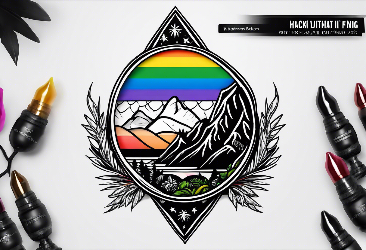 Black/ white tattoo that represents my love of hiking, my Hawaii upbringing,  my Finnish roots, and with a colored small rainbow flag tattoo idea