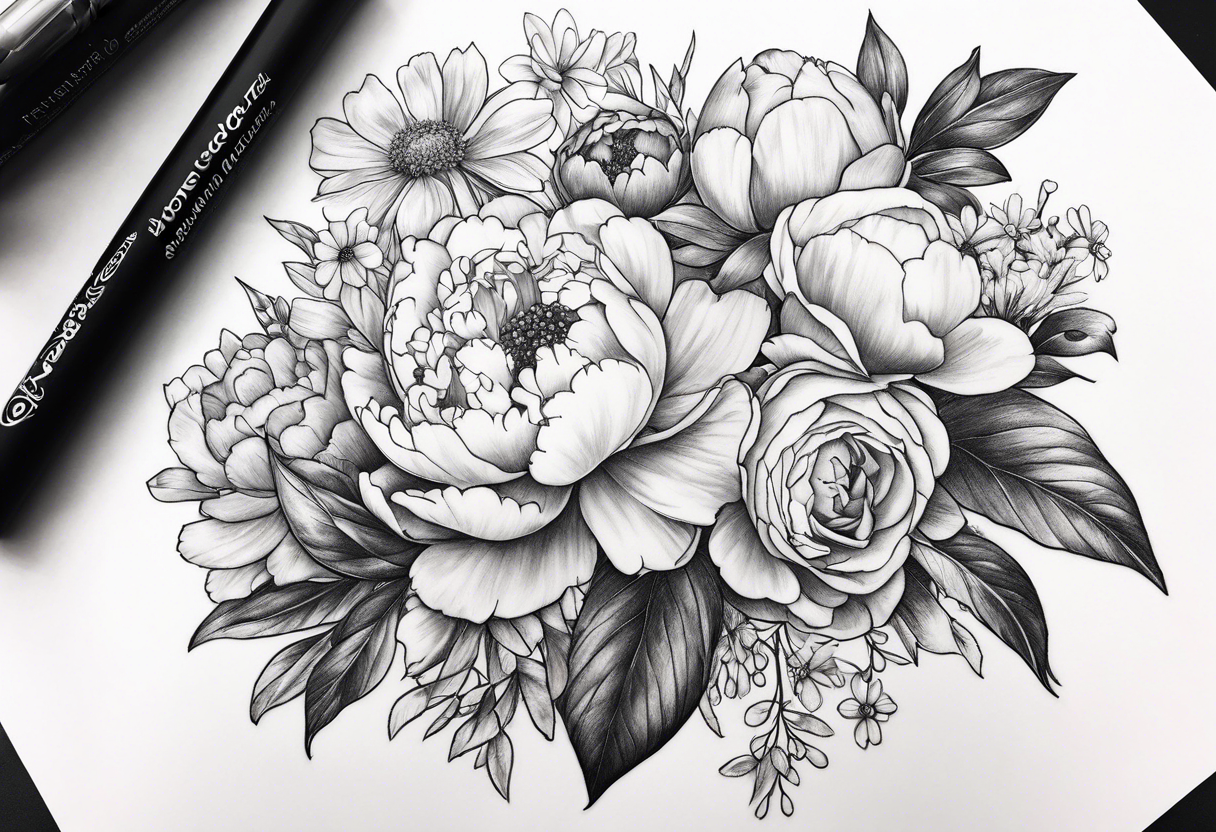 Bouquet, peonies, roses, daisies, forget me nots tattoo idea