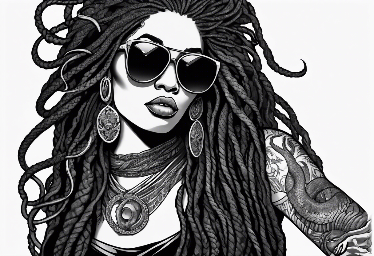 medusa as a beautiful black women with long black dreadlocks and one arm tattooed with snake skin and the other arm tattooed with marble, wearing large black sunglasses, streetwear tattoo idea