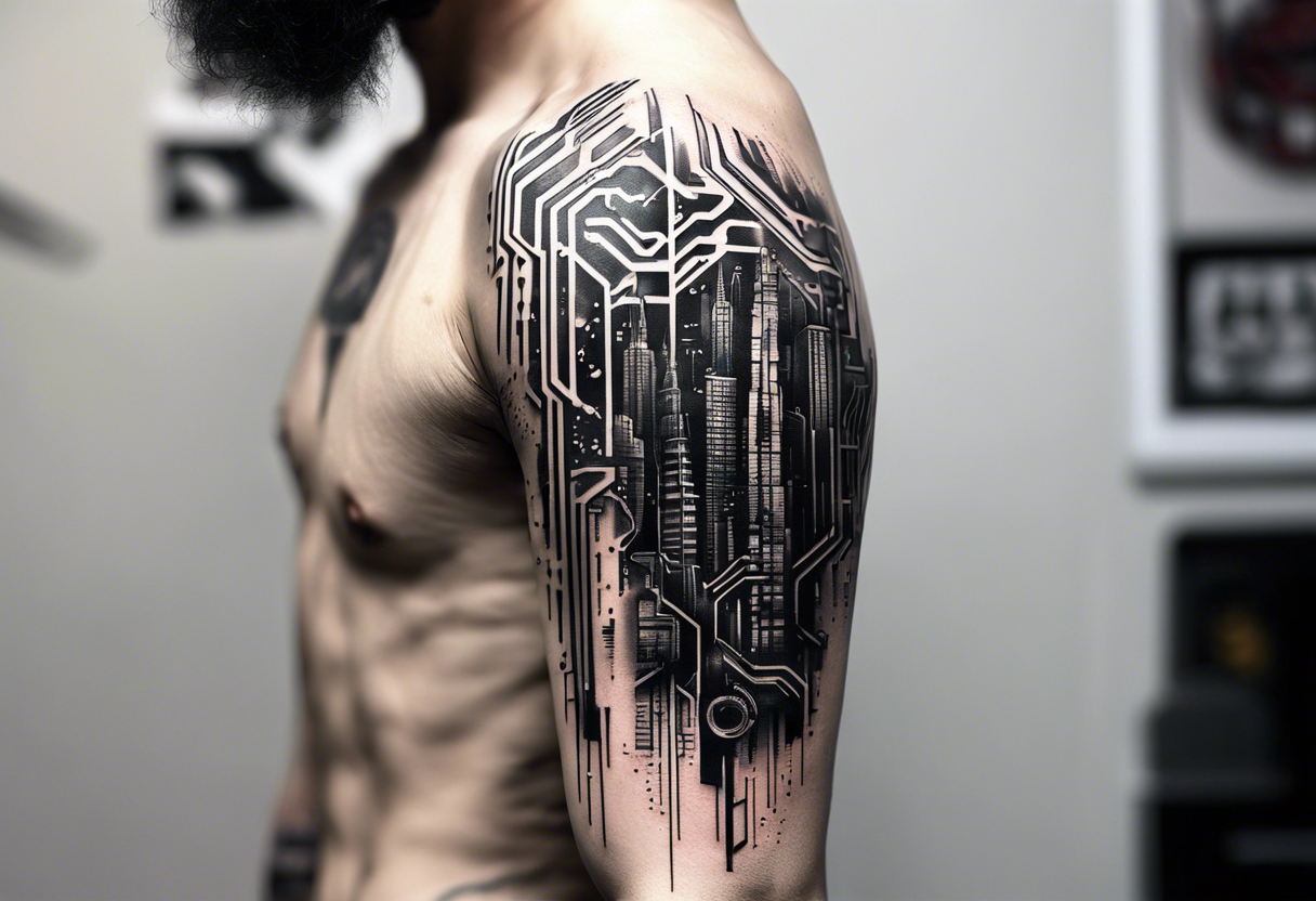 Cyberpunk tattoo that represent heaven and hell that fits on the uppper arm  at the shoulder