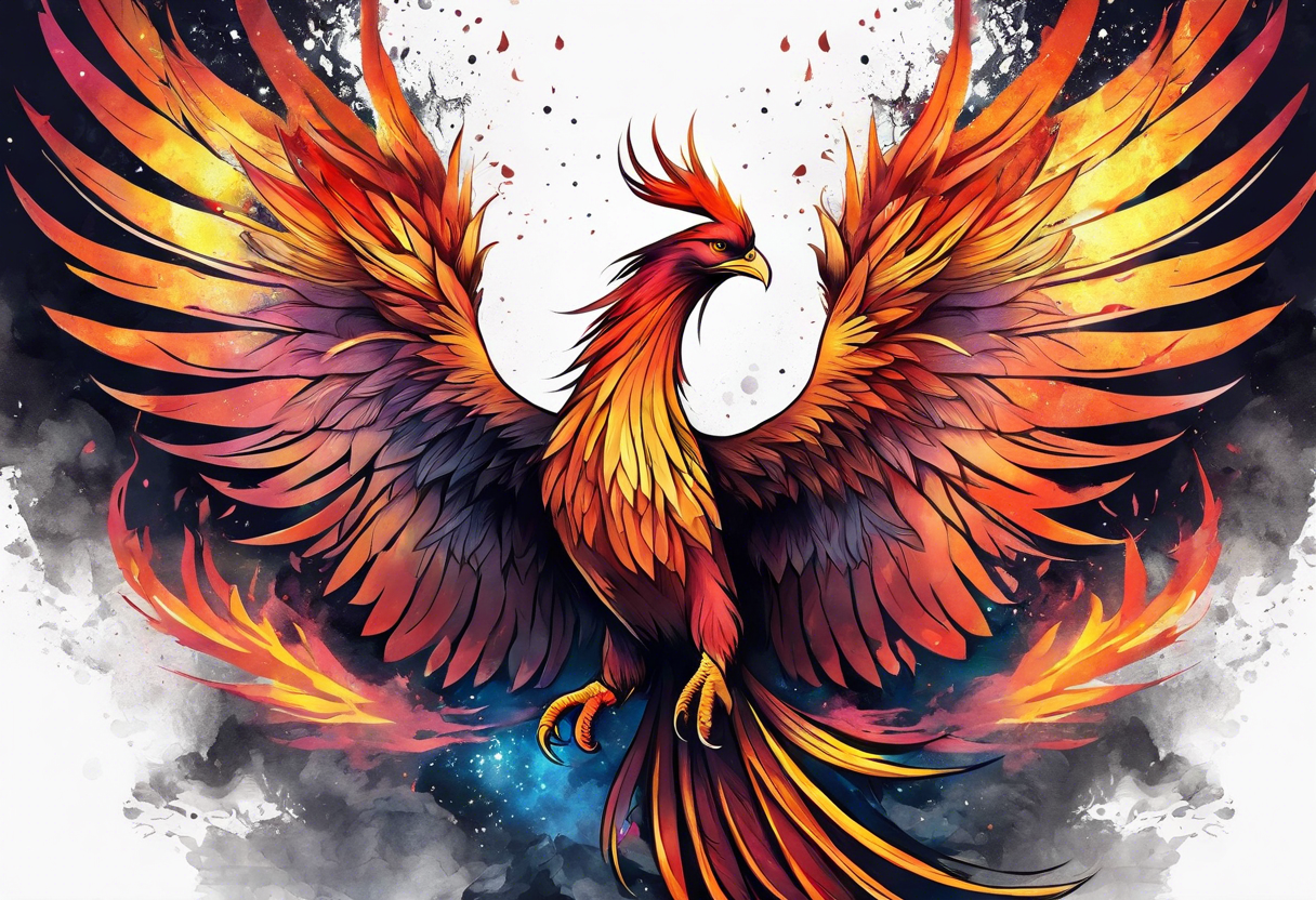 Rising phoenix against dark background, tall length tattoo idea