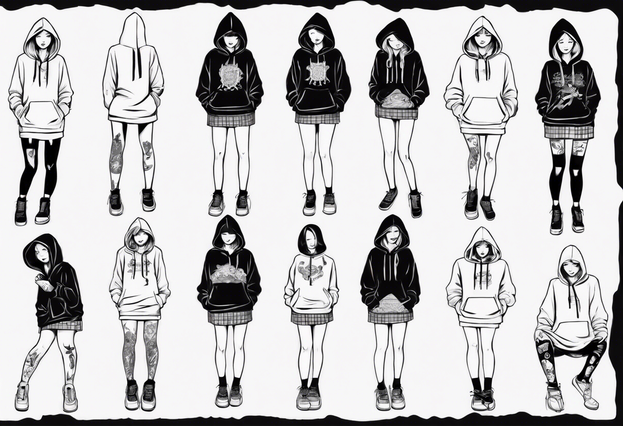 A person in short skirt wearing a hoodie with her legs crossed tattoo idea