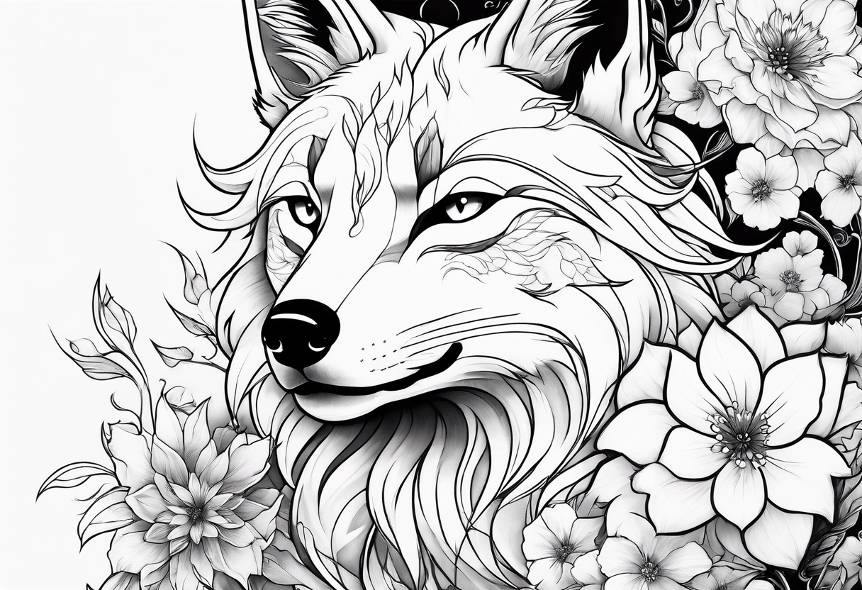 kitsune anime stiyle whit flowers tattoo idea