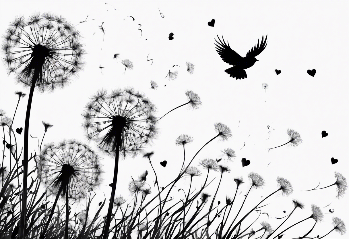 Dandelion, ligules blowing away, a few tiny hearts, little bird flying away to the future tattoo idea