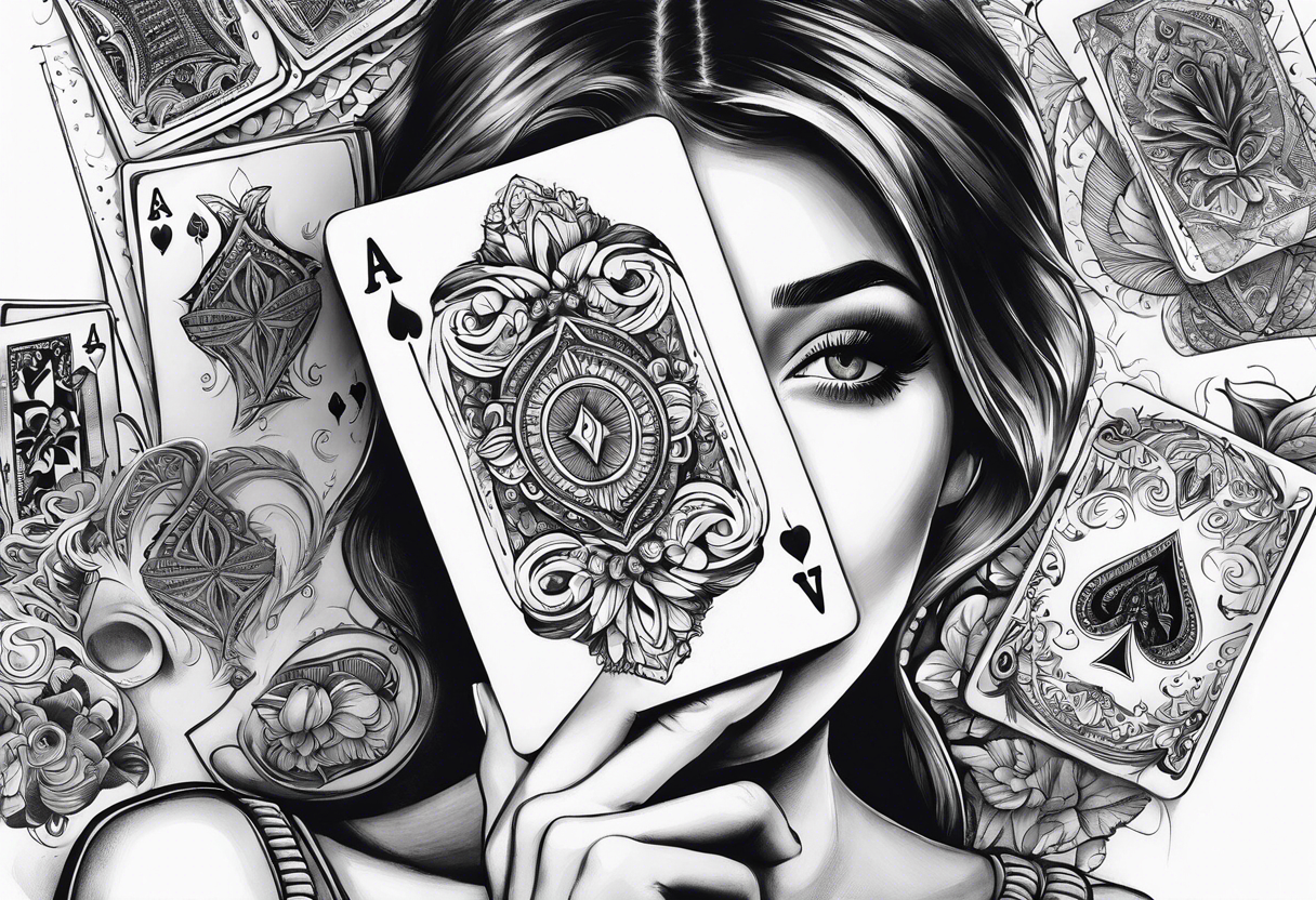 woman one hand holding cards in front of her face, showing the cards to others tattoo idea