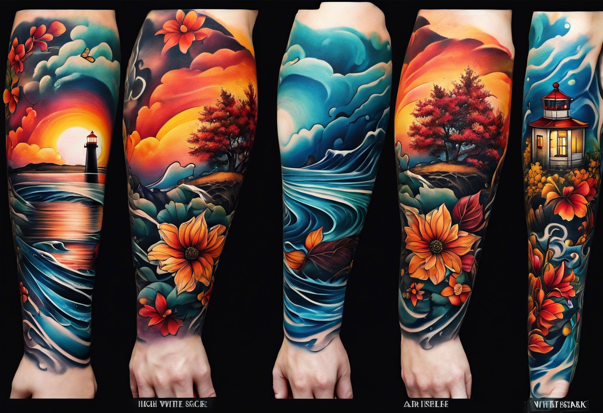 Arm sleeve with fall colors, various flowers, water flow, water splash, light house tattoo idea