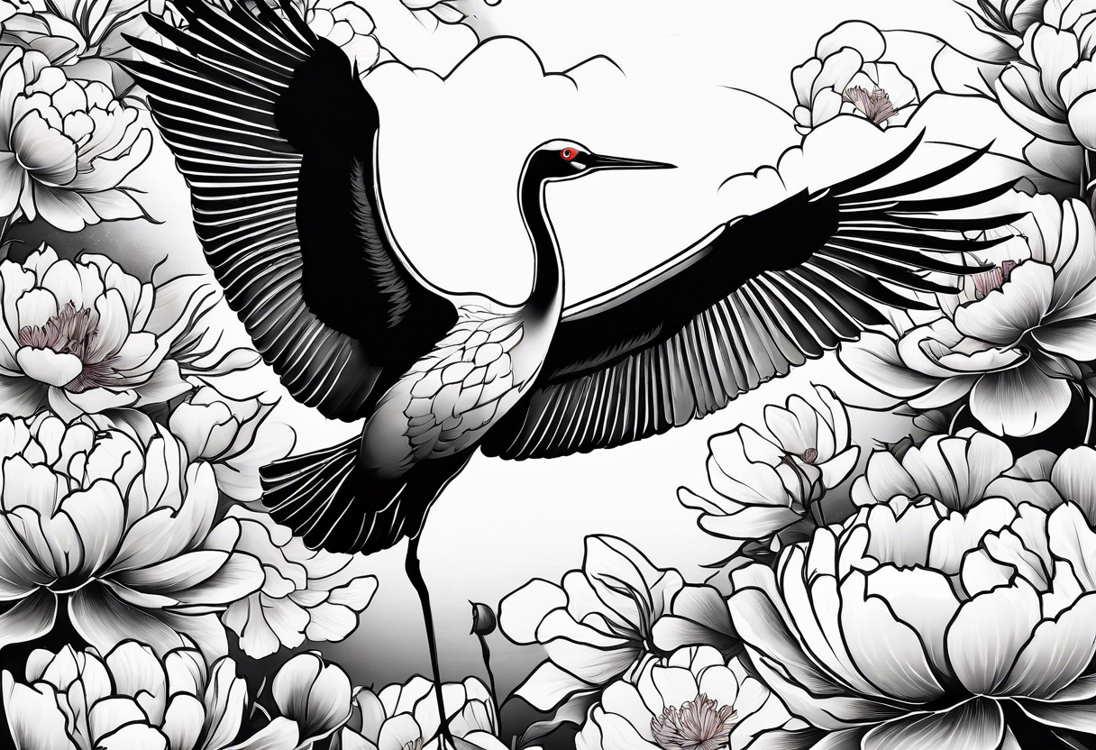 Japanese crane flying through peonies tattoo idea