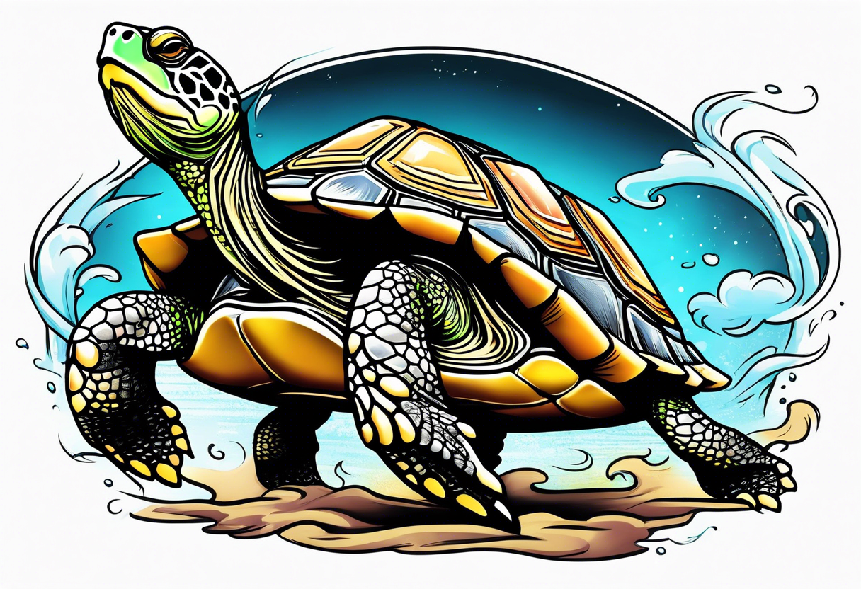 Turtle running across the finish line of a marathon tattoo idea