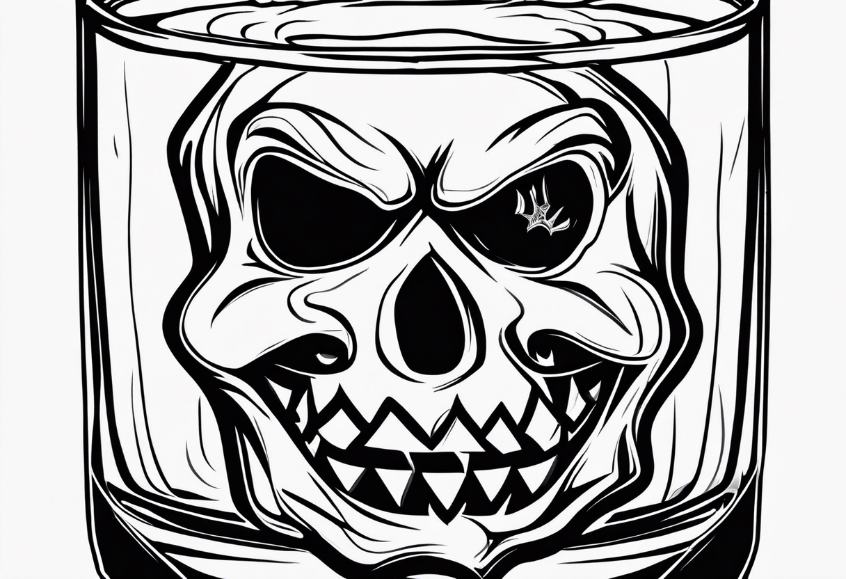 glass of whiskey with one single ice cube that is the Halloween jack-o-lantern tattoo idea