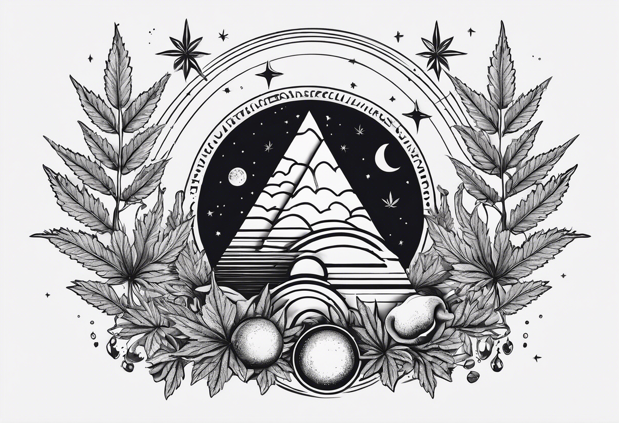 Minimal line art of cannabis buds with. Mushrooms sproutingIncorporate the solar cycle and lunar cycle. Add crystals tattoo idea