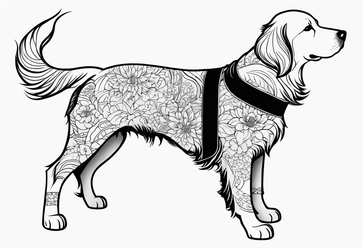 a golden retriever in a kimono full body view wearing a black belt tattoo idea