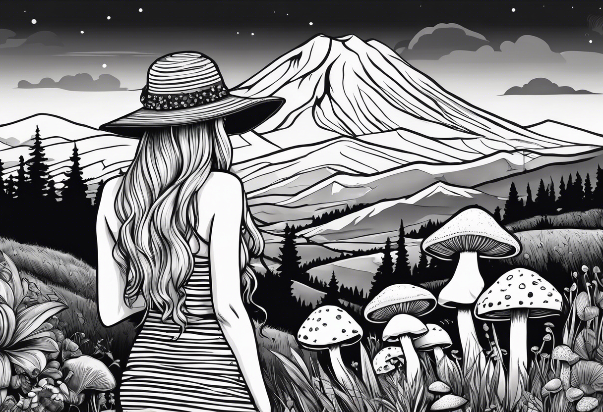 Straight long blonde hair hippie girl in distance holding mushrooms in hand facing away toward mountains and creek surrounded by mushrooms black and white striped dress tattoo idea