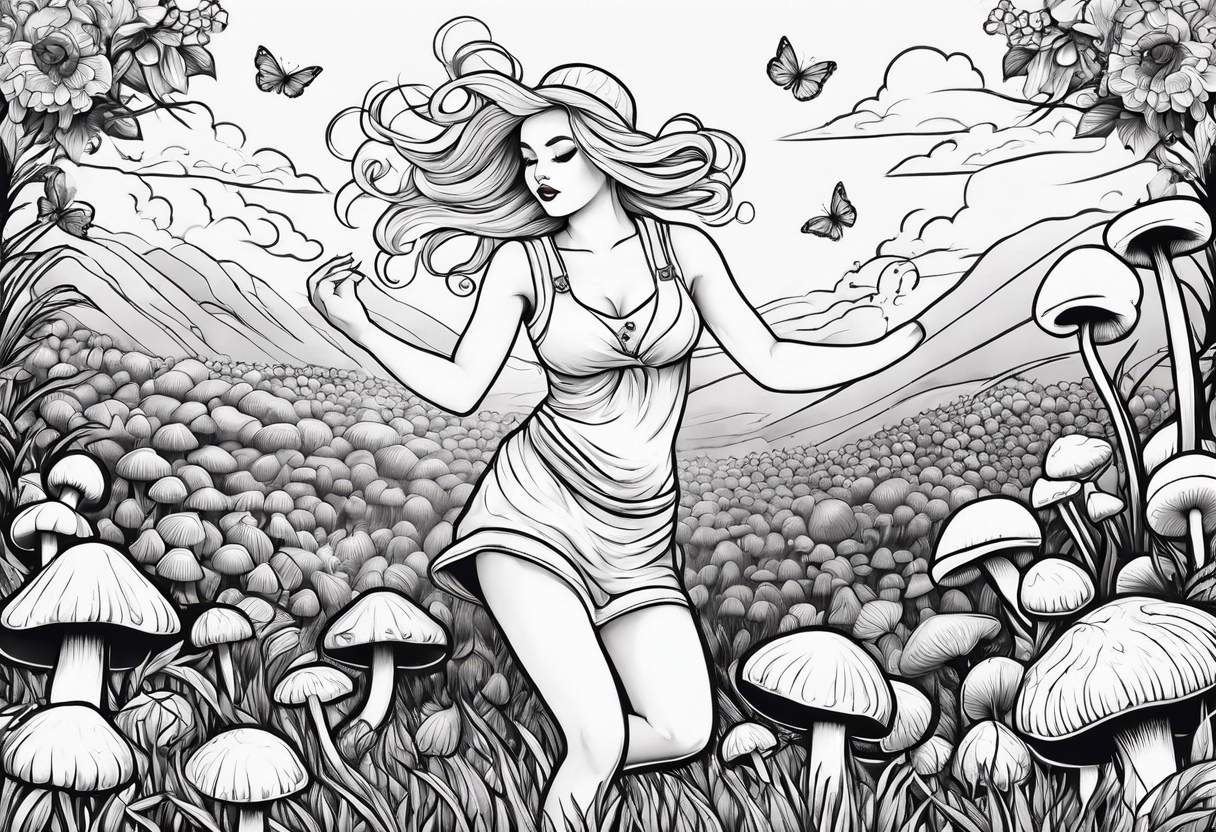 Blonde chubby Girl dancing in field of mushrooms tattoo idea