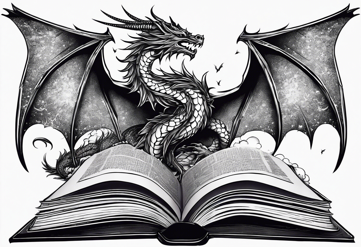 an empty open book with a sword through it, dragonwings and sparks surrounding the book. tattoo idea