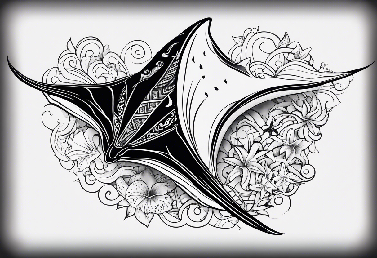 A manta ray with a sea star as a polynesian tattoo. A smaller tattoo for female forearm or wrist tattoo idea