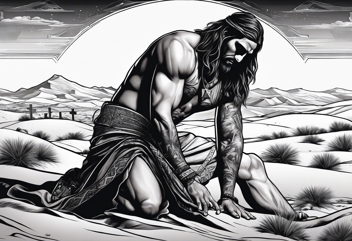 man crawling in a desert reaching to the cross of Christ tattoo idea