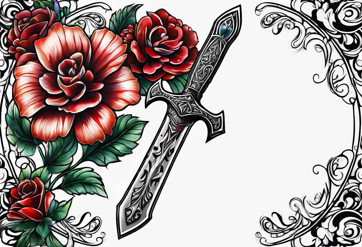 bloody sword with flowers tattoo idea