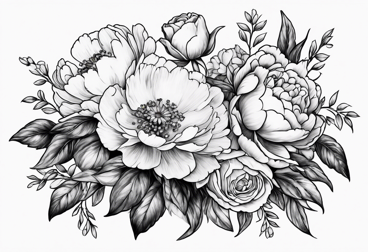 Bouquet, peonies, roses, daisies, forget me nots tattoo idea