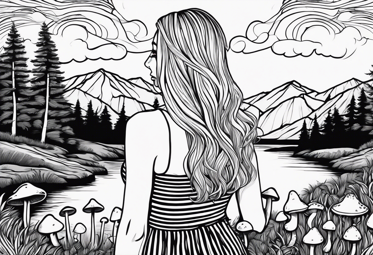 Straight long blonde hair hippie girl in distance holding mushrooms in hand facing away toward mountains and creek surrounded by mushrooms black and white striped dress tattoo idea