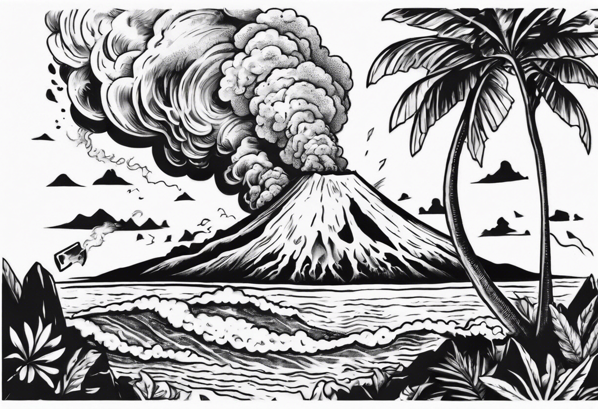 A man battling an erupting volcano on a tropical island tattoo idea