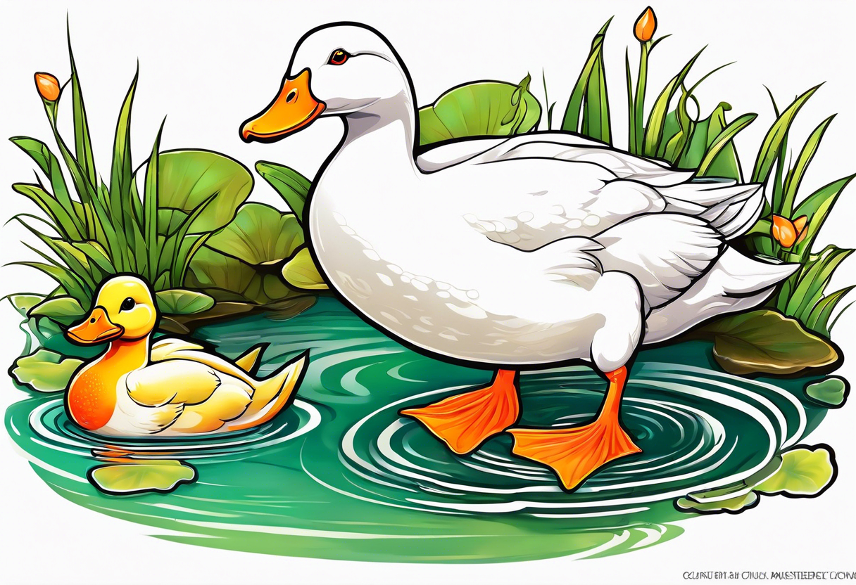 A white Duck with orange feet and a green toad playing together in a pond tattoo idea