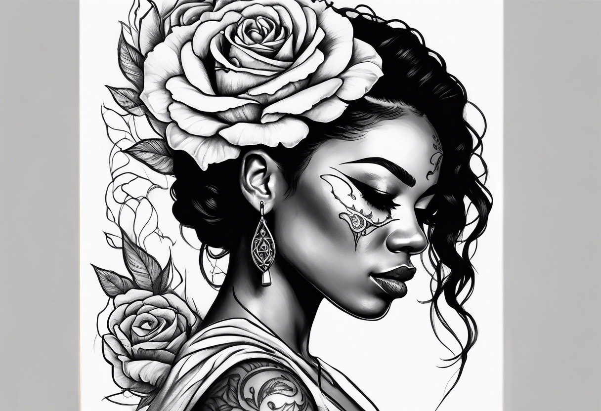 black women with no eyes facing side ways with a  skull, roses and burning candle in her hand tattoo tattoo idea