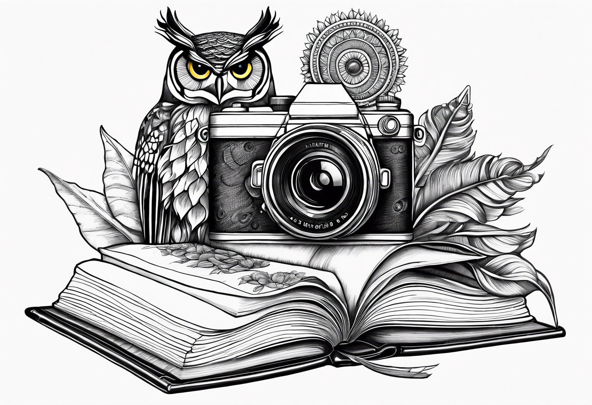 Sunflower, camera, book, peacock, owl tattoo idea