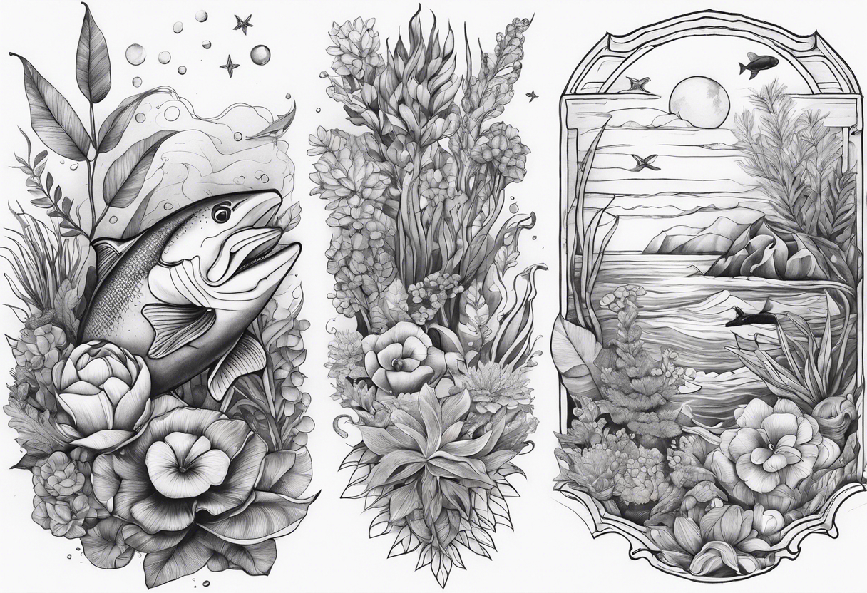 ocean arm tattoo with plants and sea life tattoo idea