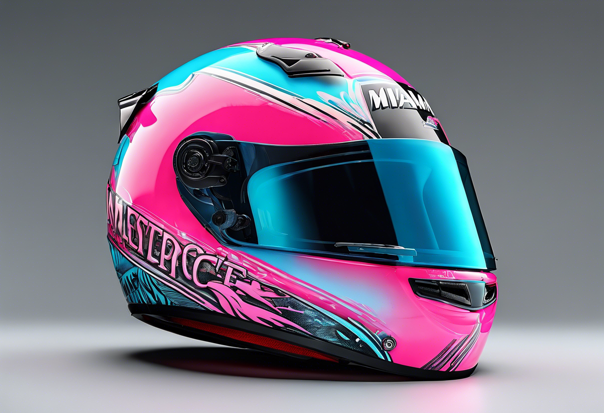 formula 1 helment with miami name a palm three and black light blue and pink colors tattoo idea