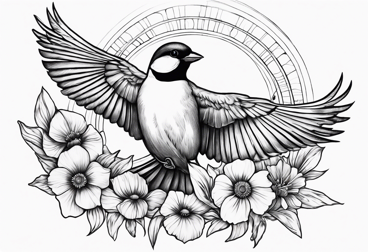 one flying 
sparrow, sunrays, 
make it a neck sleeve
add in a cosmos, iris, daisy, poppy and larkspur tattoo idea