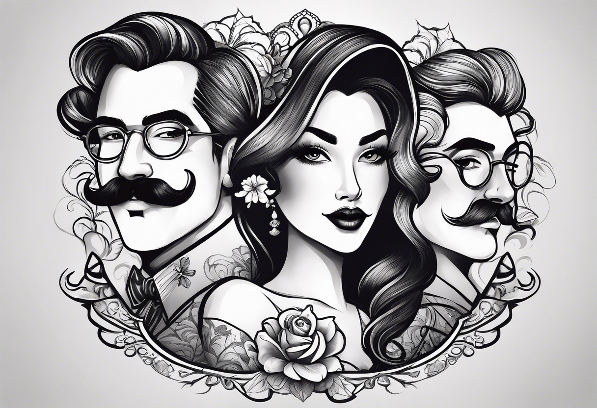 four teeth with attributes of a family: one with mustache, one with lady eyelashes, one smaller with a bow on its head and one smaller in short pants tattoo idea