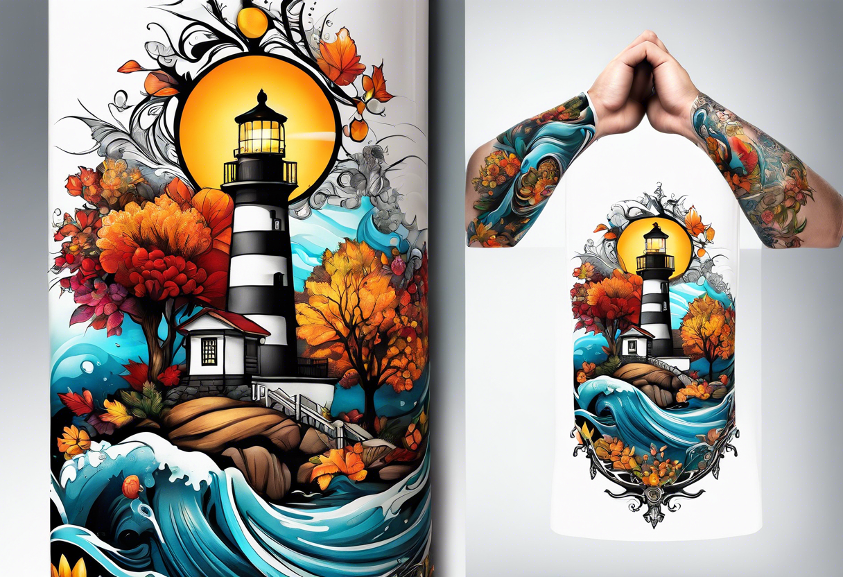 Arm sleeve with fall colors, various flowers, water flow, water splash, light house tattoo idea