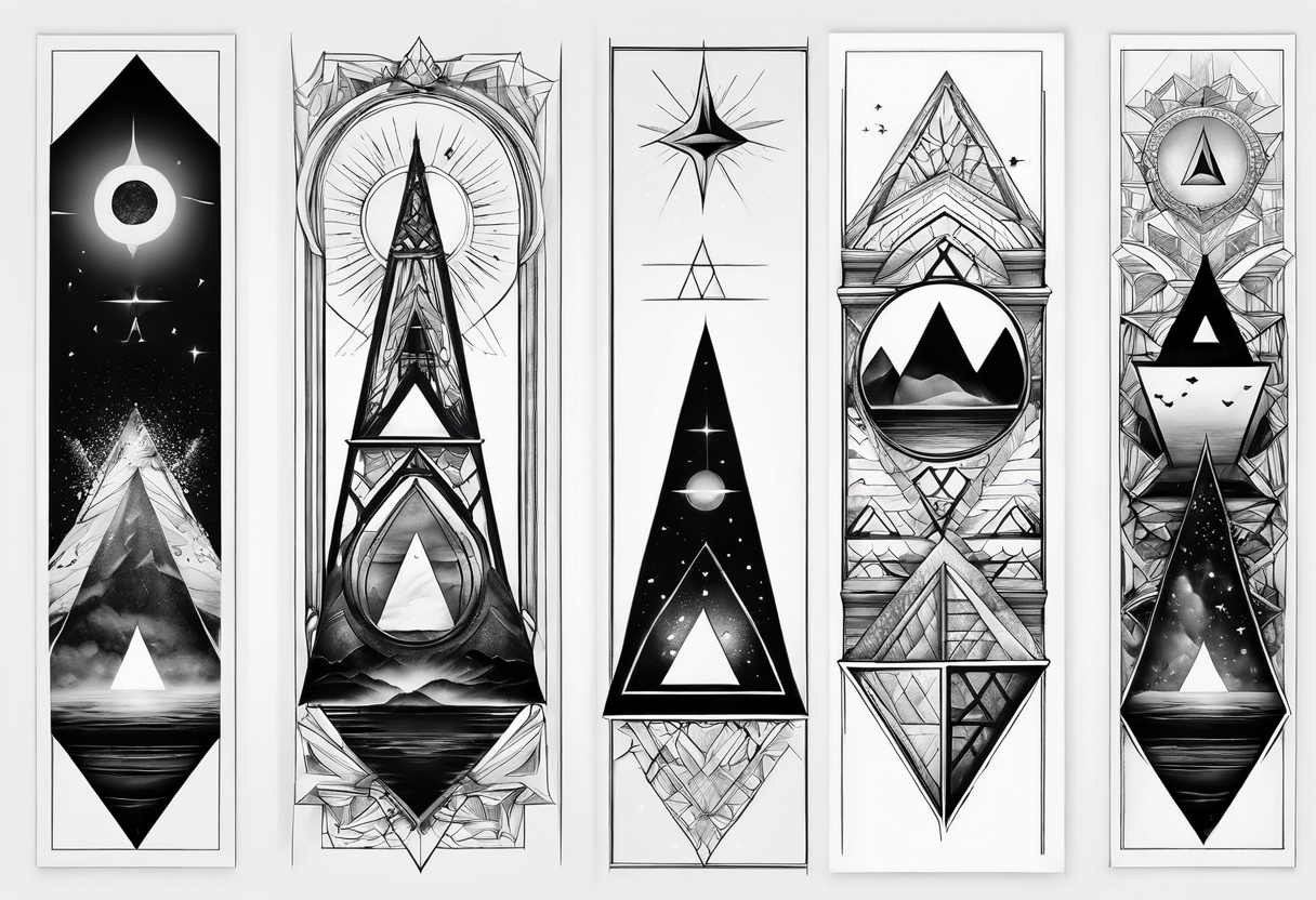 four small triangle portals to fantasy world connected by line, forearm tattoo tattoo idea