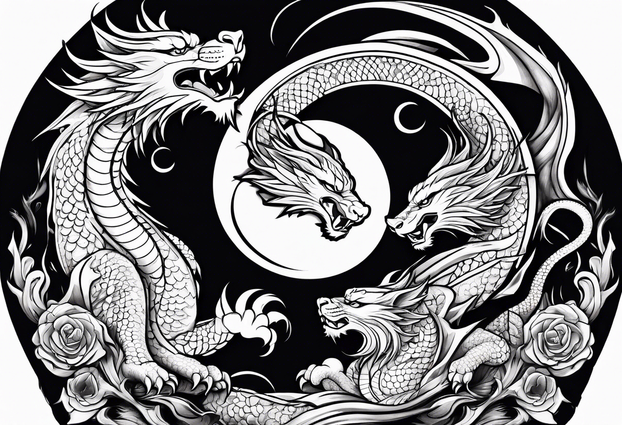 Dragon and tiger fighting on a yin yang plate tattoo idea