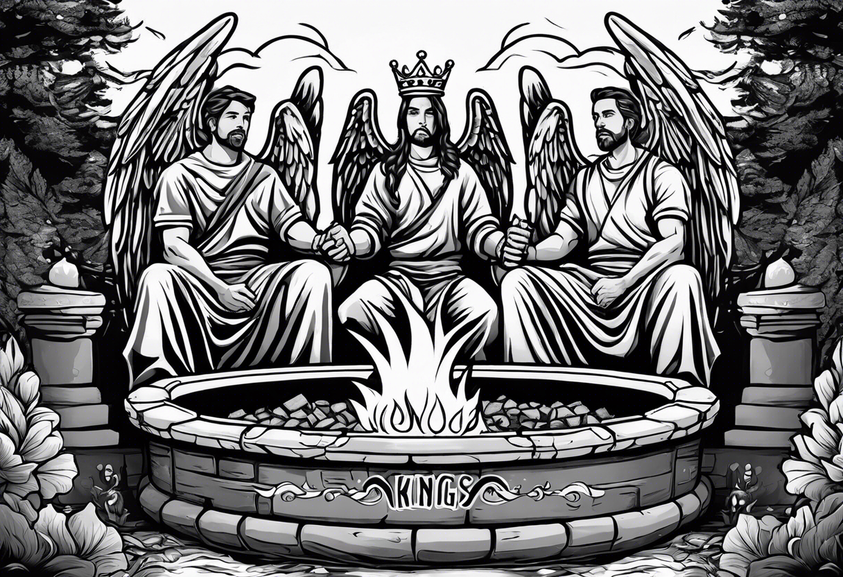 3 men holding hands in a big fire pit with an angel in the background with the word kings on top of it with a crown on top of that tattoo idea