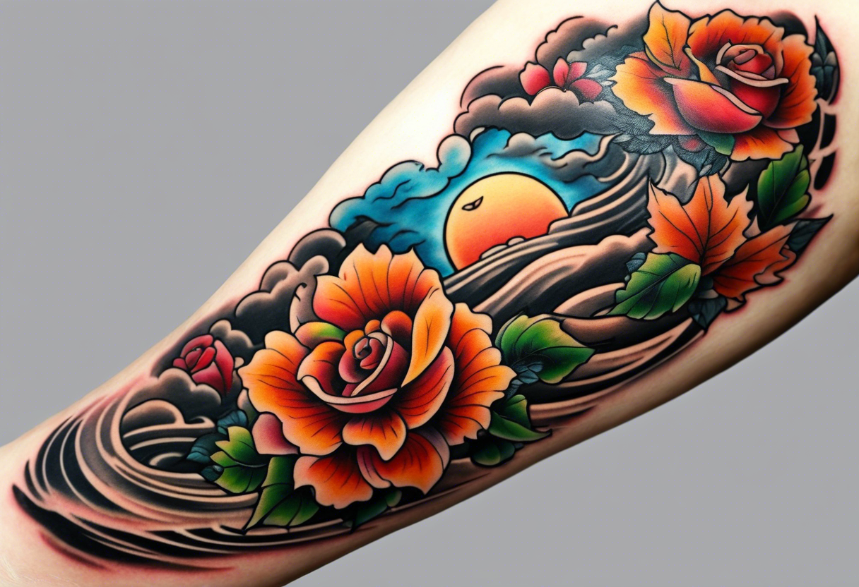 sleeve tattoo in fall colors, showing water flow around rocks, sky, clouds, leaves, roses and no trees tattoo idea