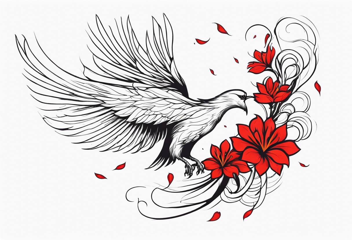 elongated phoenix in profile with claws holding red flowers falling tattoo idea