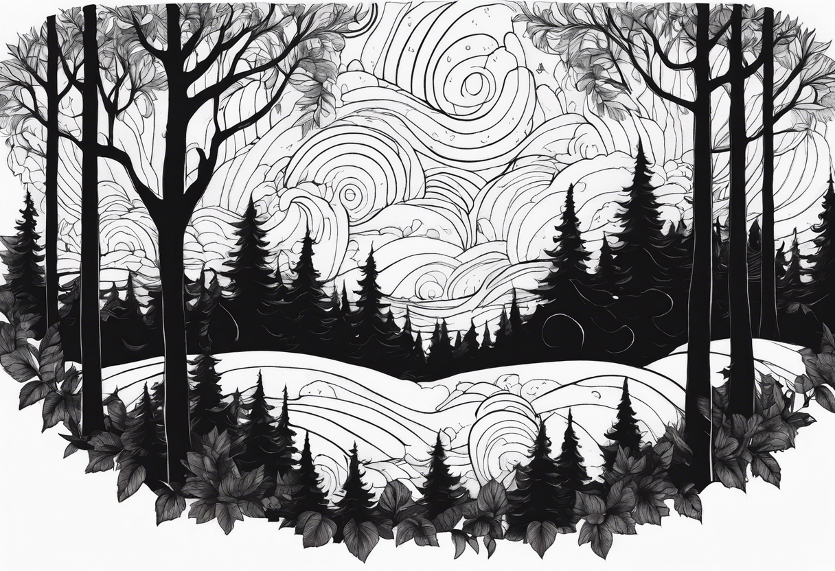 Draw me a Magical forest with s lot of trees in 2D and every tree is black and you see every treetop tattoo idea