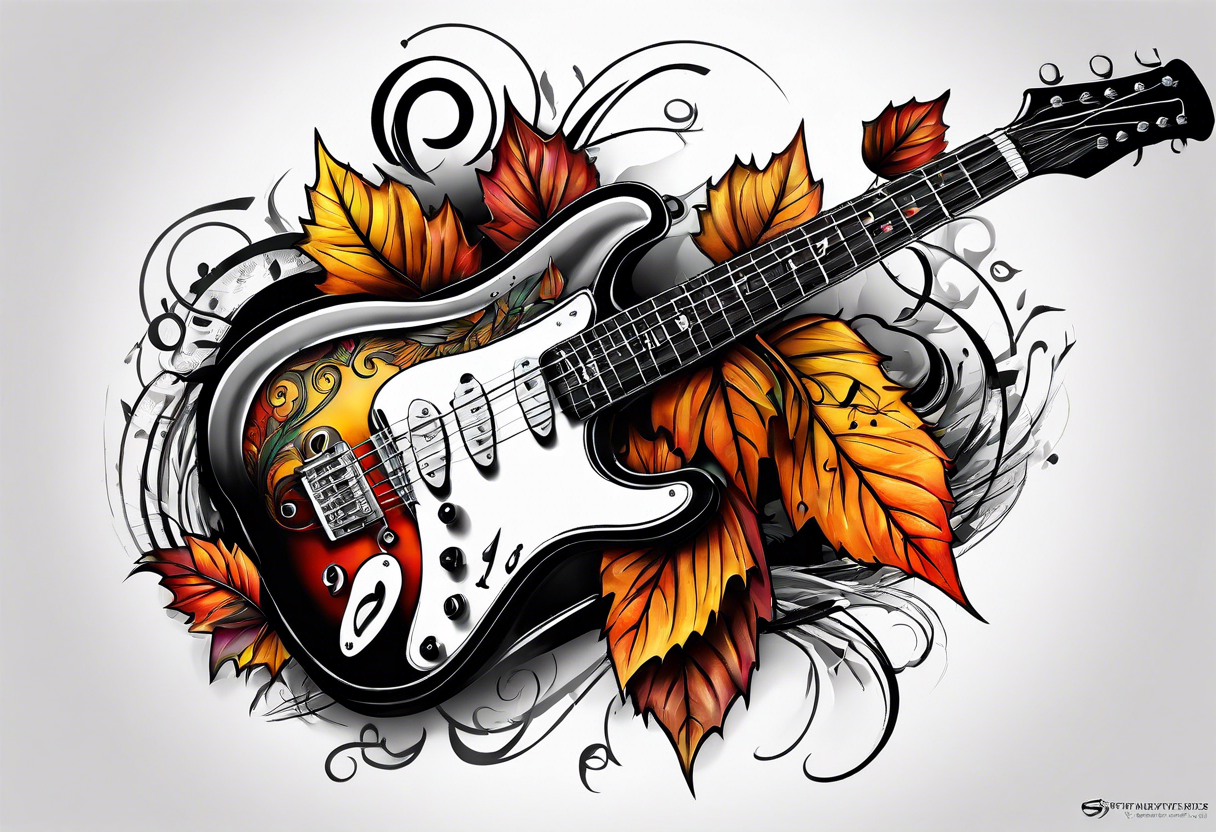 thigh tattoo with fall colors music notation symbols and a guitar tattoo idea