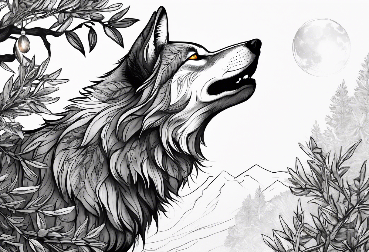 realistic howling wolf drawn with olive tree branches and leaves tattoo idea