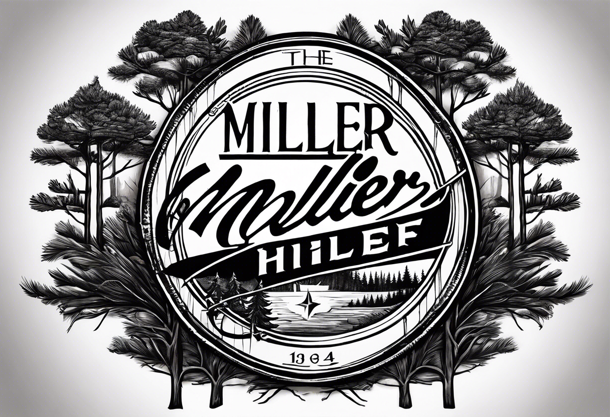 Using the Miller High Life font, intertwine the name miller into the trunk of a pine tree outlined by a compass tattoo idea