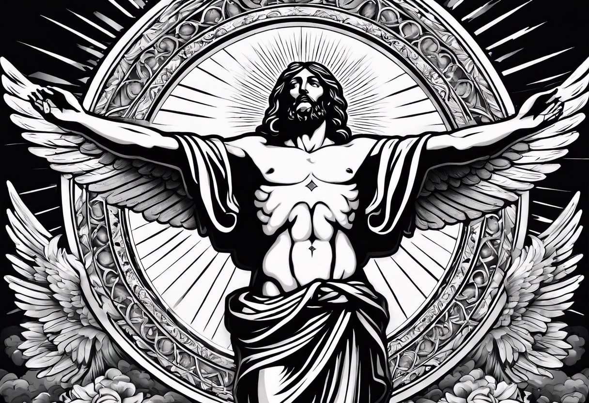 Ascension of crucified Jesus surrounded by angels and sun rays with a dove  above his head and the sacred heart image on his chest. tattoo idea |  TattoosAI