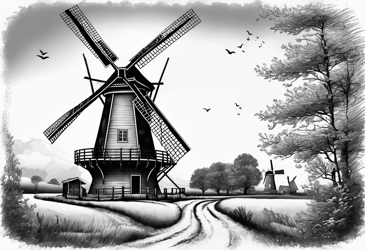 dutch windmill with text above "KLOMP" tattoo idea