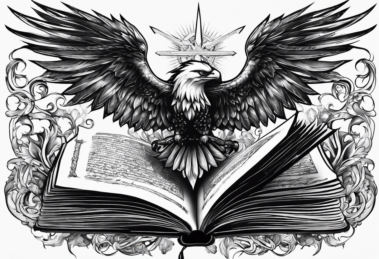 an open book with a sword through it, wings and sparks surrounding the book. tattoo idea