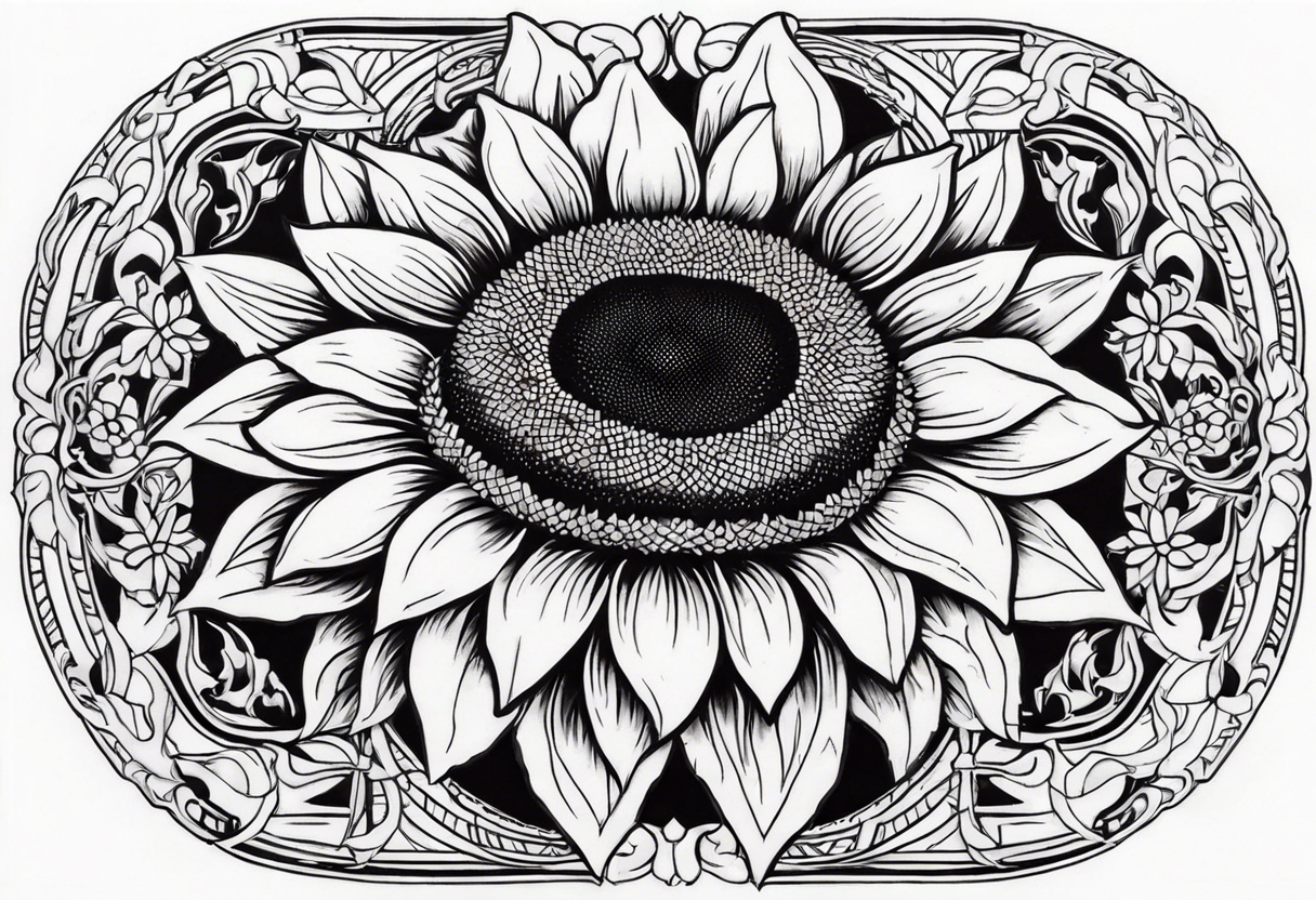 A steel horseshoe with a sunflower in the center tattoo idea