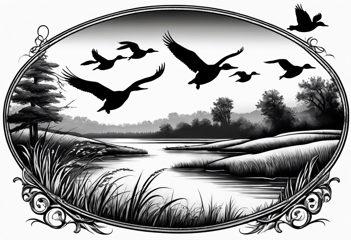 ducks flying over marsh and dog watching them tattoo idea