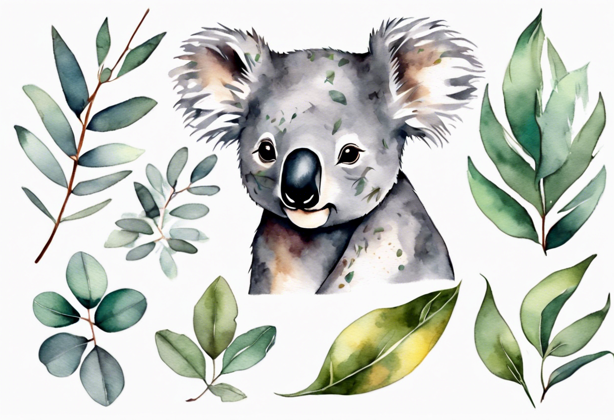 Small koala with eucalyptus leaves and wattle leaves tattoo idea