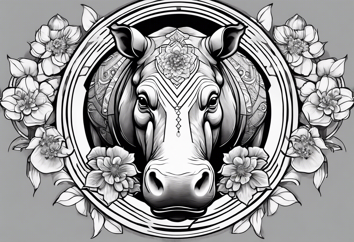 A symbolic hippo head with a detailed realistic full moon on upper right corner and wintersweet flower on lower left corner, looking like a totem tattoo idea