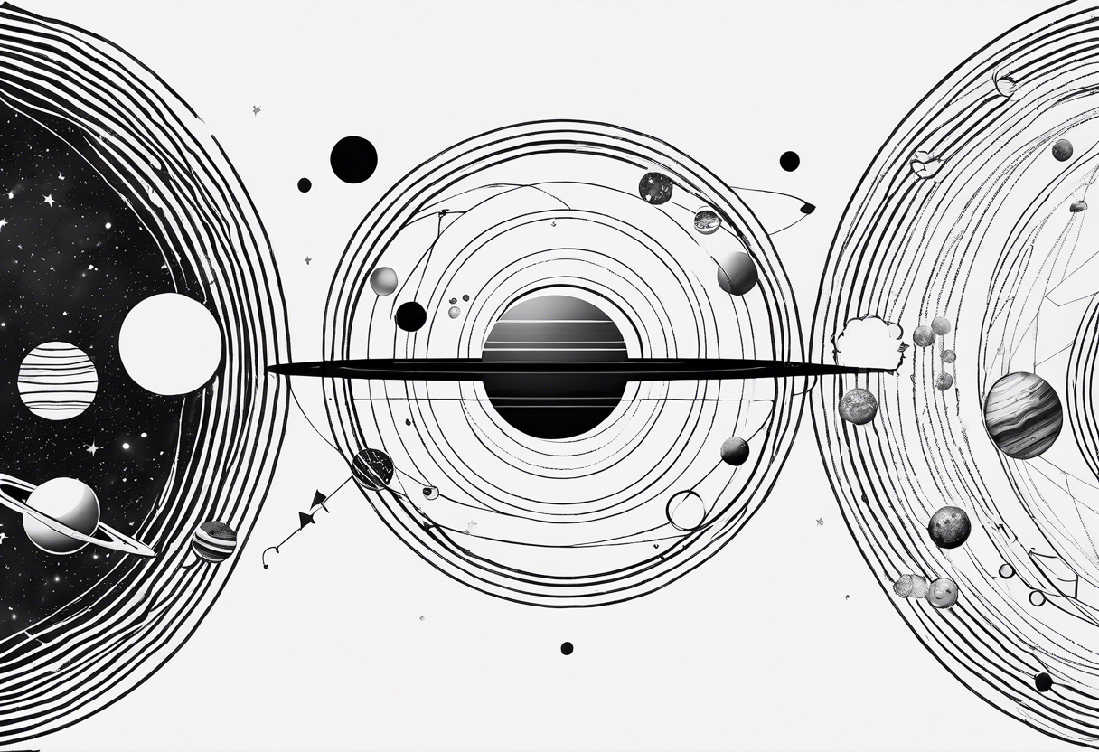 Fine line solar system tattoo of planets in orbit in alignment in a straight line tattoo idea