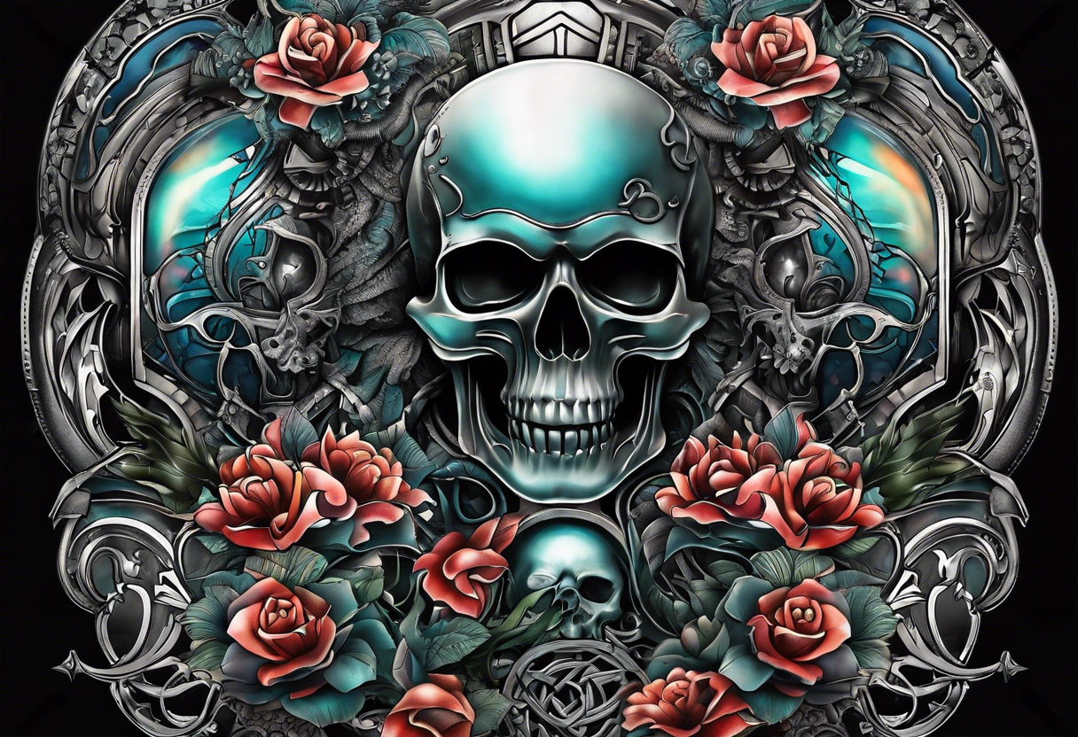 H.R. Giger tattoo with evil skull, various flowers, geometric shapes, water flow and fall colors tattoo idea